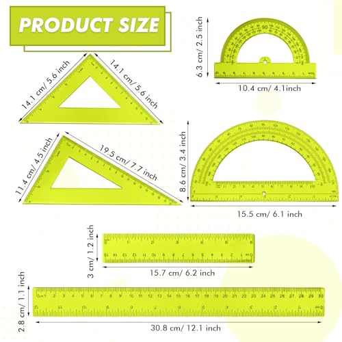 Tenare 6 Pcs Math Geometry Ruler Straight Protractor Triangle, Yellow - color: Yellow