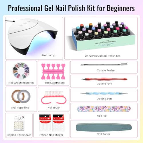 VANREESA 42 Pcs Gel Nail Polish Kit with U V Light 24 Popular Colors Gel Polish Nail Kit Green Blue Purple Pink Orange Complete Nail Kit with Manicure Tools Gifts for Women Girls - color: Sweet & Popular Collection