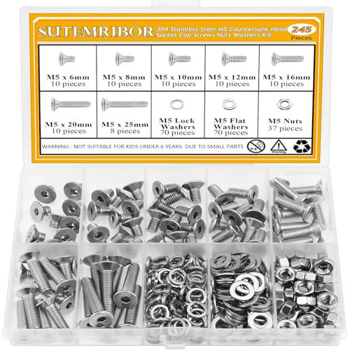 245 Pieces M5 Screws Nuts Washers Set, Sutemribor M5 x 6/8/10/12/16/20/25mm Countersunk Head Socket Cap Screws Nuts Washers Assortment Kit, 304 Stainless Steel, Fully Threaded - size: M5, style: Countersunk Head Socket Cap