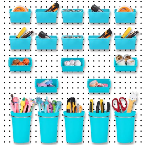 Yookeer 20 Pcs Pegboard Bins and Cups Accessories with Hooks, Blue - color: Blue