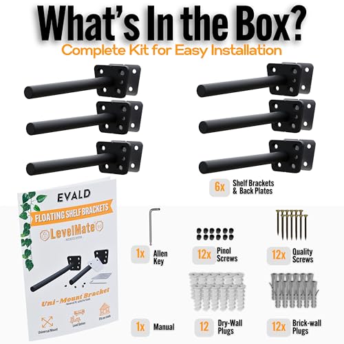 EVALD LevelMate™ Uni-Mount 8 Inch Floating Shelf Brackets, Hidden Shelf Brackets with Anti-Sag Pinol Screw System, Floating Shelf Mount with Screws & Anchors (6 Pack) - size: 8 Inch, style: 6 Pack Uni-mount