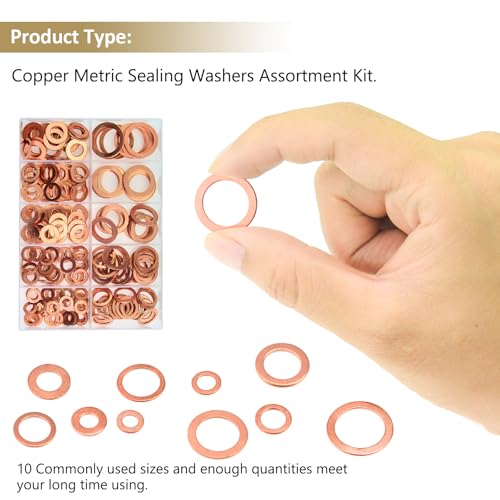 225 Pieces Copper Metric Flat Washers, Sealing Washers, Kindroufly 10 Sizes Copper Washers, Metal Washers Assortment Kit (M5 M6 M8 M10 M12 M14 M16)