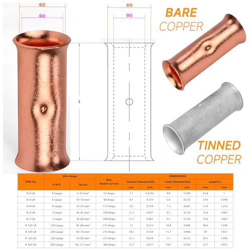 SVAAR 0000 Gauge Flared Barrel Butt Splice Connectors Kit 6PCS 4/0 AWG Non-Insulated Butt Connectors Bare Pure Copper Flared Compression Butt Splices Crimp Butt Terminals+6 PCS Heat Shrinks - color: Bare Copper