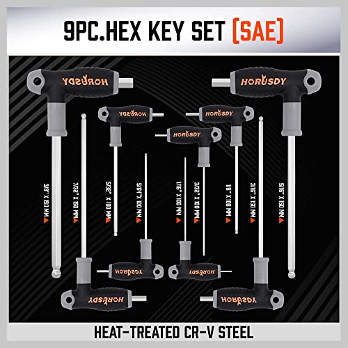 HORUSDY 18-Piece T-Handle allen wrench set, Inch/Metric Long Arm Ball End Hex Key Wrench Set, MM(1.5mm-10mm) SAE(1/16"-3/8") - style: 18PC T-Handle SAE/Metric