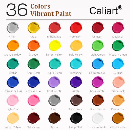 Caliart 36 Colors Acrylic Paint Set with 12 Brushes - color: Regular, size: 2 Fl Oz (Pack of 36)
