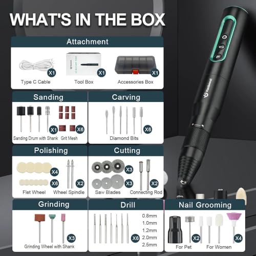 Hanboost S2 5V Electric Cordless Rotary Tool - LED Display 54 Accessories 6-Speed 1100mAh 30000RPM 200gcm USB C Torque Silent Motor for Carving, Polishing, Grinding, Drilling, DIY Crafts & Pet Care