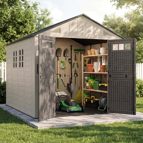 Aoxun 8x10 Ft Outdoor Storage Shed with Floor, Large Resin Outdoor Shed with Lockable Door & Windows, Garden HDPE Sheds for Lawn Tools, Pool Supplies & Bikes - size: 8x10