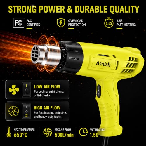 Asnish Heat Gun 1500W, Hot Air Gun Kit Dual Temperature Settings 572℉~932℉