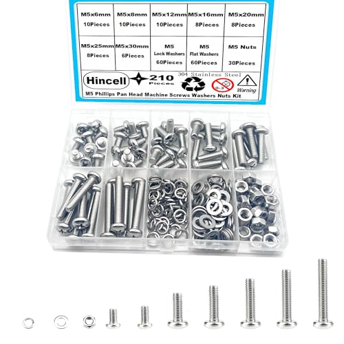 210pcs M5 Phillips Pan Head Machine Screws, Metric Screws Bolts Washers Nuts Kit, 304 Stainless Steel (M5 x 6mm / 8mm / 12mm / 16mm / 20mm / 25mm / 30mm) - size: M5, style: Phillips Pan Head