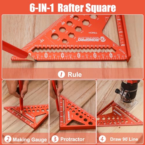 6-in-1 Carpenter Square 7 inch, Aluminum Rafter Square, Multi-Purpose Carpenter Tools : Wrench, Square, Protractor, Ruler,Marking Gauge, Drill Gauge, Includes 2pcs Carpentry Pencil - size: 7inch
