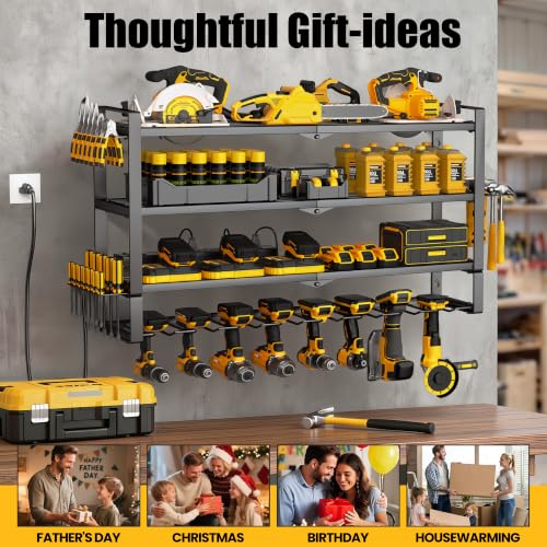 MOOMSINE Large Power Tool Organizer Wall Mount with Charging Station for Garage, 400lbs Metal Storage Rack with 8 Cordless Drill Holder, 4 Tier Heavy Duty Battery Tool Shelf with 5 Outlet Power Strip - size: 32 Inch（4 Tier Power Station）