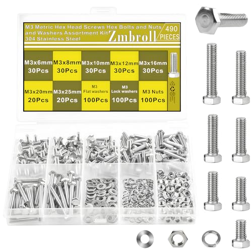 M3 Hex Head Bolts 490Pcs Metric Heavy Duty Hex Cap Bolts and Nuts Flat and Lock Washers Kit M3x6/8/10/12/16/20/25mm 304 Stainless Steel Fully Thread External Hex Drive Fasteners - size: M3
