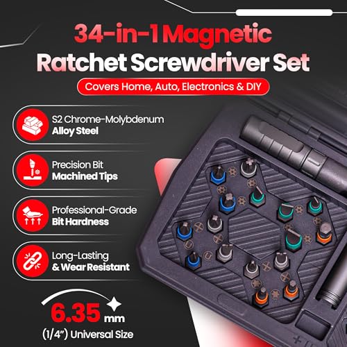 34 in 1 Magnetic Screwdriver Set, Magnetic Ratchet Screwdriver Set with Multi-Bit Ratcheting Handle & Bit Magnetizer, Compact Repair Tool Kit with Storage Case for Furniture, Computer, Bicycle and DIY - size: 34 in 1