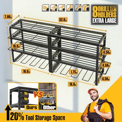 Spampur Power Tool Organizer Wall Mount | 4 Layers, Heavy Duty, Garage Storage - size: 4 shelves 4 slots (2 pack) without power strip
