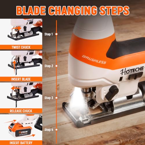 Hoteche Cordless Brushless Jigsaw - 4.0Ah Battery, 1000-3000RPM, 25.4mm Stroke, Fast Blade Change, 3 Orbital Settings, with Charger & Accessories