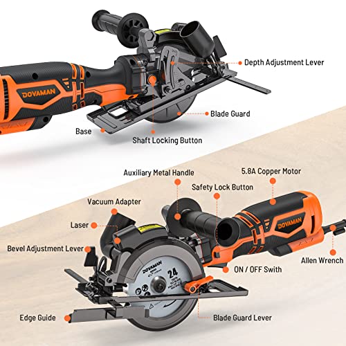 DOVAMAN Circular Saw, 5.8A 4-1/2" Circular Saw w/Laser & Auxiliary Handle - color: A-orange