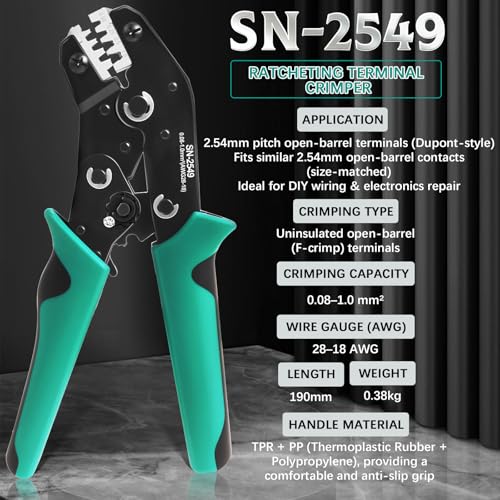 SN-2549 Dupont Crimper, 1290PCS 2.54mm Dupont Connector Kit with Ratcheting Open Barrel Terminal Crimping Tool, 28-18 AWG, White & Black Housings, Male Female Terminals, Headers & Ribbon Cable - color: 1290pcs