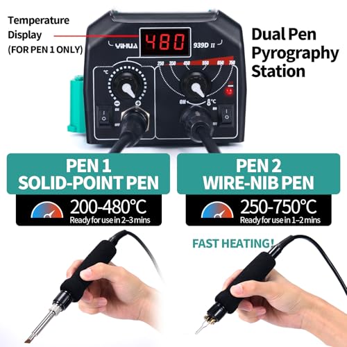YIHUA 939D-II Pyrography Pen Wood Burning Kit Station 2-in-1 Solid-Point 200~480°C (with Temp Display)/Wire-Nib 250~750°C with 20 Nibs, Solid Points, 1 Stable Pen Holder, 2 Scrap Wood (Green) - color: Green