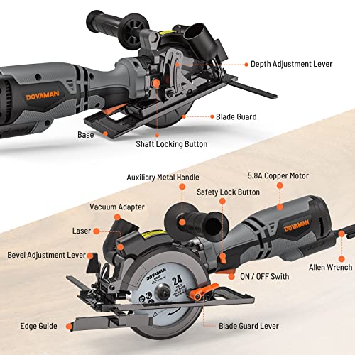 DOVAMAN Circular Saw, 5.8A 4-1/2" Circular Saw w/Laser & Auxiliary Handle - color: B-grey