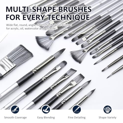 JYN‑ANREN 24Pcs Paint Brush Set, Professional 9 Shapes: Wide Flat, Filbert, Fan, Dagger, Cat Tongue, Round etc, for Acrylic, Oil, Watercolor, Includes Palette Knife & Waterproof Canvas Roll