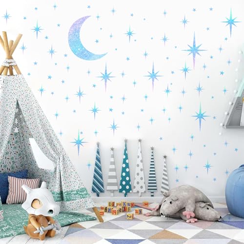 Retro Star Moon Wall Decals Sparkle Art Stickers Mid Century Modern Decor - color: Blue Star and Moon