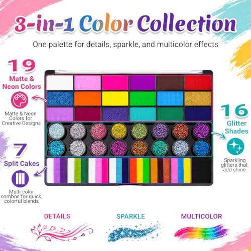42-Color Face Paint Kit with Split Cake, Glitter & UV Face Paint