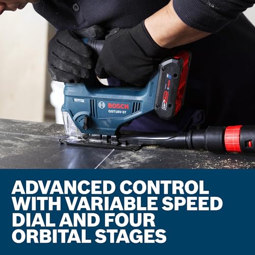 BOSCH GST18V-37N 18V Brushless Top-Handle Jig Saw - Powerful, Compact, 3.7" Cutting Depth, 3300 SPM, 4 Orbital Settings, Variable Speed Dial, LED Light, Tool-Free Blade Change (Bare Tool)