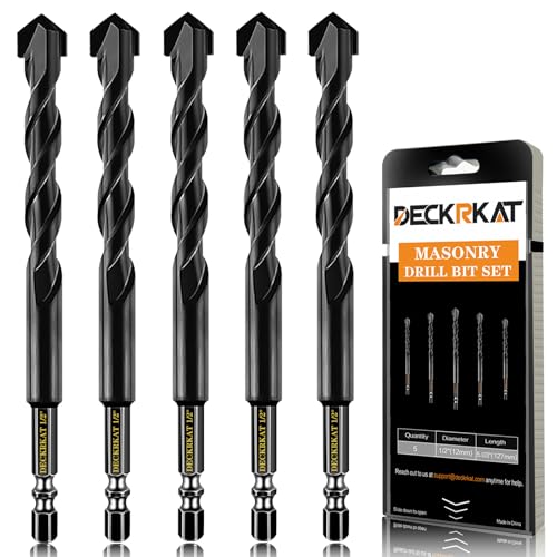 DECKRKAT 5-Piece 1/2" Carbide Masonry Drill Bits for Concrete, Brick, Tile - Black Hex Shank Set w/Heavy-Duty Case, Quick Change Fit Drill Driver - size: 5 Piece 1/2", style: Masonry Drill Bits