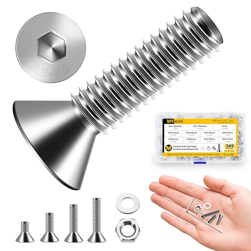 Mywish 345Pcs Metric M4 Screws Assortment Kit, Flat Head Countersunk Socket Cap Assorted Screws Nuts and Bolts, Allen Hex Drive Stainless Steel Screws - style: 345Pcs M4 Flat Head