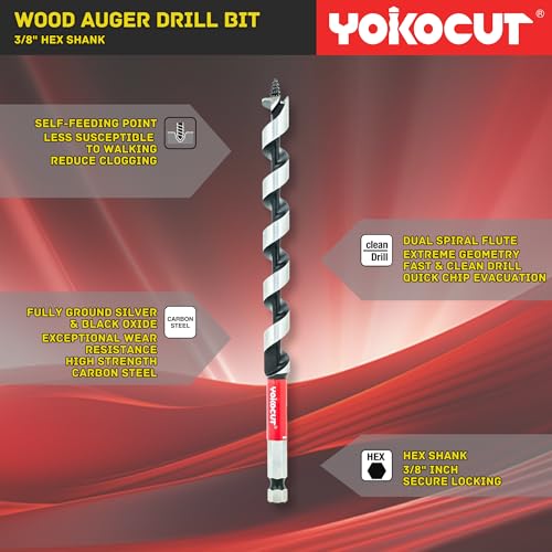 1" x 12" Auger Drill Bit for Wood, Hex Shank 3/8 Inch, 2-Flute Spiral, High Carbon Steel, 90 Degrees Cutting Angle, Silver Finish, Pack of 1 - size: 1 in, style: Length: 12"