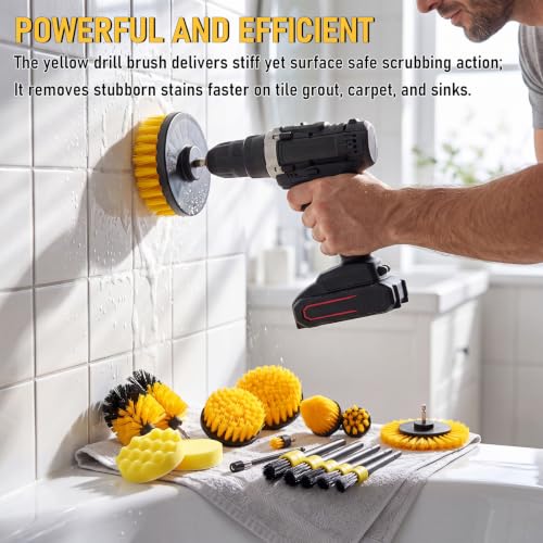 28 Pack Drill Brush Attachment Set, Power Scrub Brushes Extend Long Reach Tools for Grout, Floor, Tub, Bathroom and Kitchen Surface,Scratch Brushes (Yellow) - color: Yellow