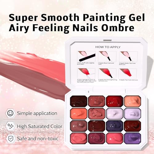 Ombre Gel Polish Palette,16Colors Pat Gel Paint Nail Art Kit Sponge Patting - color: 16 Colors F