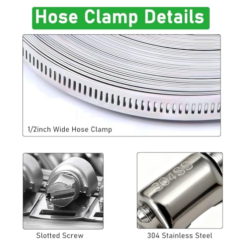 65.5FT/20m Stainless Steel Hose Clamps Assortment Kit with 20pcs Fasteners - size: 65.5ft
