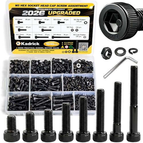 Kadrick M5 Screws Kit 1040PCS,M5x8mm-40mm Bolts with Nuts, Washers & Hex Wrench, Optimized Size Distribution, Class 12.9 Socket Head Cap M5 Screws, Black Zinc Plated, for Mechanical, Repair & DIY - size: M5 1040Pcs