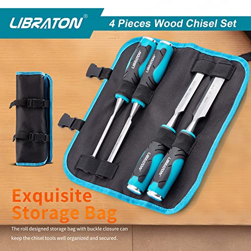 LIBRATON Chisel Set, Wood Chisel Set, Wood Chisel Tool Set for Woodworking | Wood Chisels, Chrome Vanadium Steel Chisel with Storage Pouch, 1/4"(6mm), 1/2"(13mm), 3/4"(19mm), 1"(25mm)
