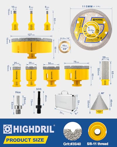 HIGHDRIL 13Pcs Tile Hole Saw Kit for Porcelain Ceramic Marble Stone - size: Kit 2 Thread