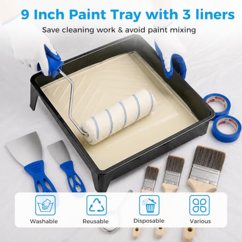 33PCS Paint Roller Kit with 1.7-4FT Extension Pole& Carry Bag,Wall Painting Supplies with 4" & 9" Paint Rollers,Painting Brushes,Tray with Liners,Gloves & Tapes for Walls,Ceilings,Floor,Home Painting
