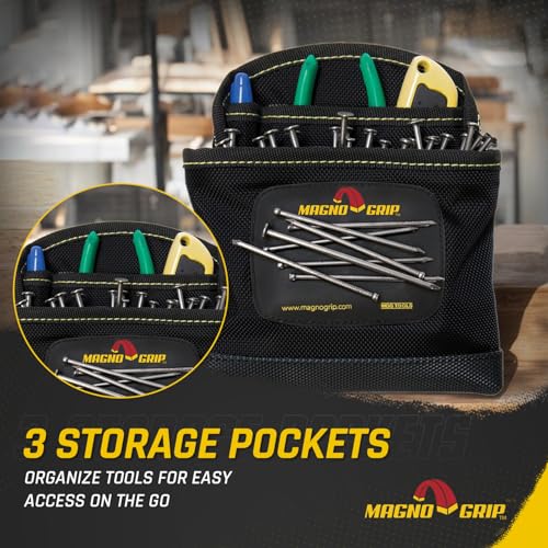 MagnoGrip 3-Pocket Nail Pouch with Integrated Magnetic Storage - Durable 1680D Ballistic Polyester, Magnetic Interior & Exterior, Tool Belt Compatible, Construction Pouch for Carpenters & DIY Projects