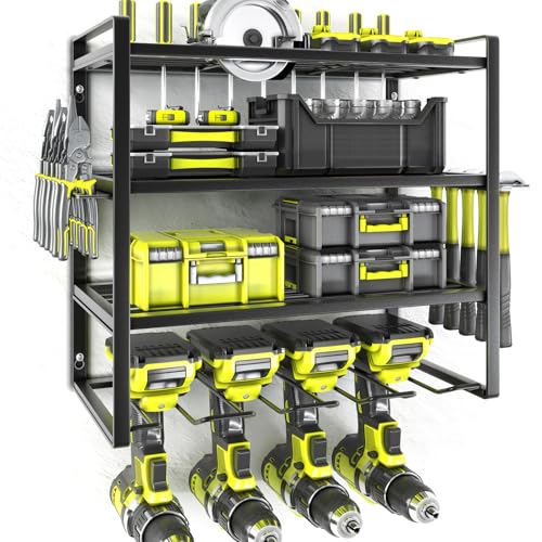 KAFAHOM Power Tool Organizer,4 Layer Drill Holders Wall Mount,Heavy Duty Metal Organizers and Storage Rack for Garage Organization,Tools Shelves with Screwdriver Plier/Hammer Holder, Black - color: Black-1Pack, size: 4-Drill 1 Pack