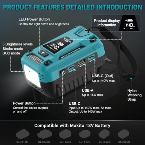 140W Fast Battery Bidirectional Charger Compatible with Makita 18V Battery | Dual USB-C 140W Output, Single USB-A 18W Output, Maximum Output of 280W, 700LM LED Work Light & LED Display (No Battery) - color: Blue