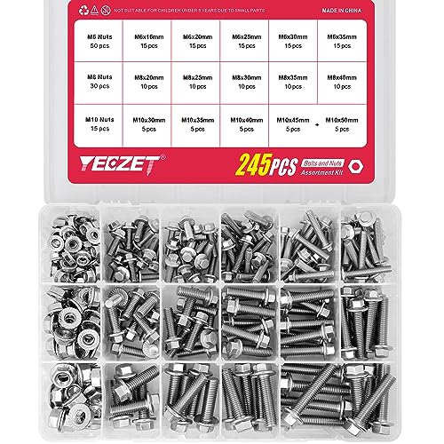 245PCS M6 M8 M10 Heavy Duty Flanged Bolts and Nuts Kit,Stainless Steel 304 Metric Flanged Hex Screws Nuts Includes 15 Most Common Sizes - color: 245PCS M6 M8 M10 Bolts and Nuts Kit