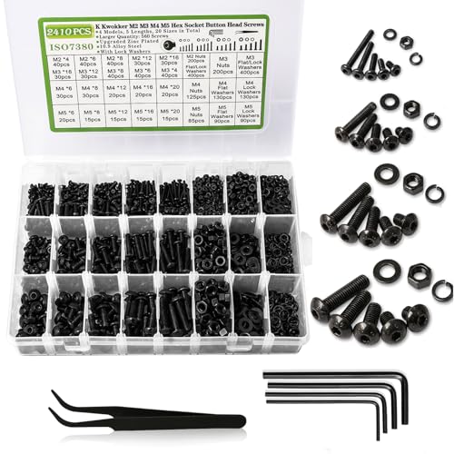 2410Pcs M2 M3 M4 M5 Nuts and Bolts Assortment Kit 4MM to 20MM Upgraded Zinc Plated Hex Button Head Cap Metric Machine Screws, 10.9 Alloy Steel Bolts and Nuts Kit w/Lock Washers for Screws - size: M. M2 M3 M4 M5