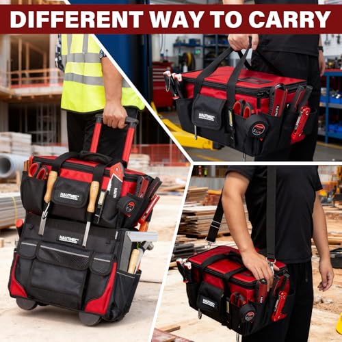 HAUTMEC 16-Inch Tool Bag, Heavy-Duty 1680D Tool Box with Padded Shoulder Strap, Double zipper, Trolley Sleeve, Wide Mouth Tool Case with Removable Divider for Quick Action - HT0401