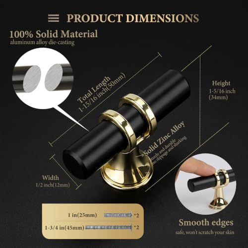Haliwu 10Pack Black and Gold Cabinet Knobs | Solid Aluminum and Zinc Alloy, Single Hole, Kitchen Knobs for Drawer Dresser Hardware - color: Black&Gold, size: 2-inch (50mm) single hole