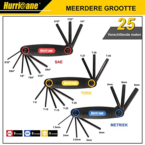 HURRICANE 25-Piece Folding Allen Wrench Set, SAE/Metric/Torx Hex Key Set with 270° Swivel Blades, 3-Pack Portable Key Tool for Bike Repair, Home DIY,and General Applications