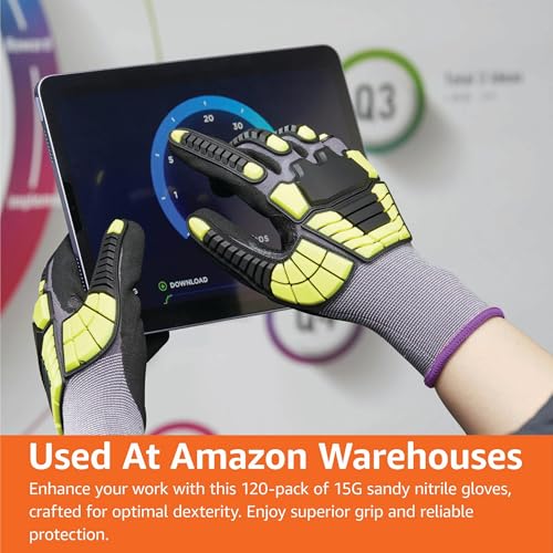 Amazon Basics Cut Level A1, Abrasion ANSI Level A4, Impact Resistant Safety Work Gloves, Touch Screen Friendly, 15G Sandy Nitrile Coated Palm, Yellow, Size 3X-Large, 120-Pack - size: 3X-Large