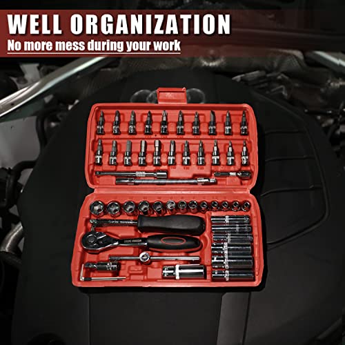 Egofine 53 Pieces 1/4 inch Drive Socket Ratchet Wrench Set with 72 Tooth Reversible Ratchet, with Bit Socket Set and Extension Bar for Auto Repairing and Household, with Storage Case