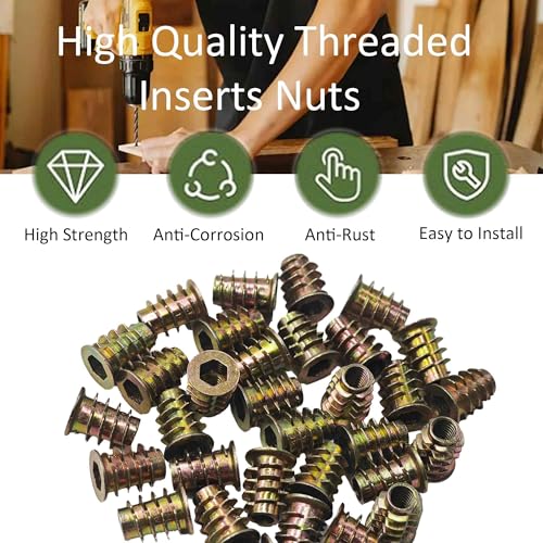 50PCS M6*15mm Threaded Insert Nuts Zinc Alloy Hex Socket Drive Furniture Screw-in Bolt Fastener Connector for Wood Furniture Assortment with Hex Spanner - size: M6x15mm