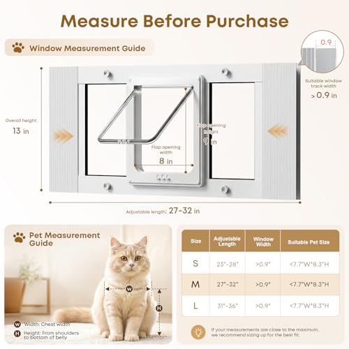Cat Door for Window, Adjustable 27"-32", 4 Locking Modes + Extra Security Lock for Outside Safety, Window Pet Door with Magnetic Self-Closing, No-Drill Installation, Weatherproof Aluminum Frame Insert - size: 27-32 inches