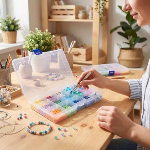 Eiito Bead Organizer, 15 Grids, Small Plastic Clear Box, 4 Pack